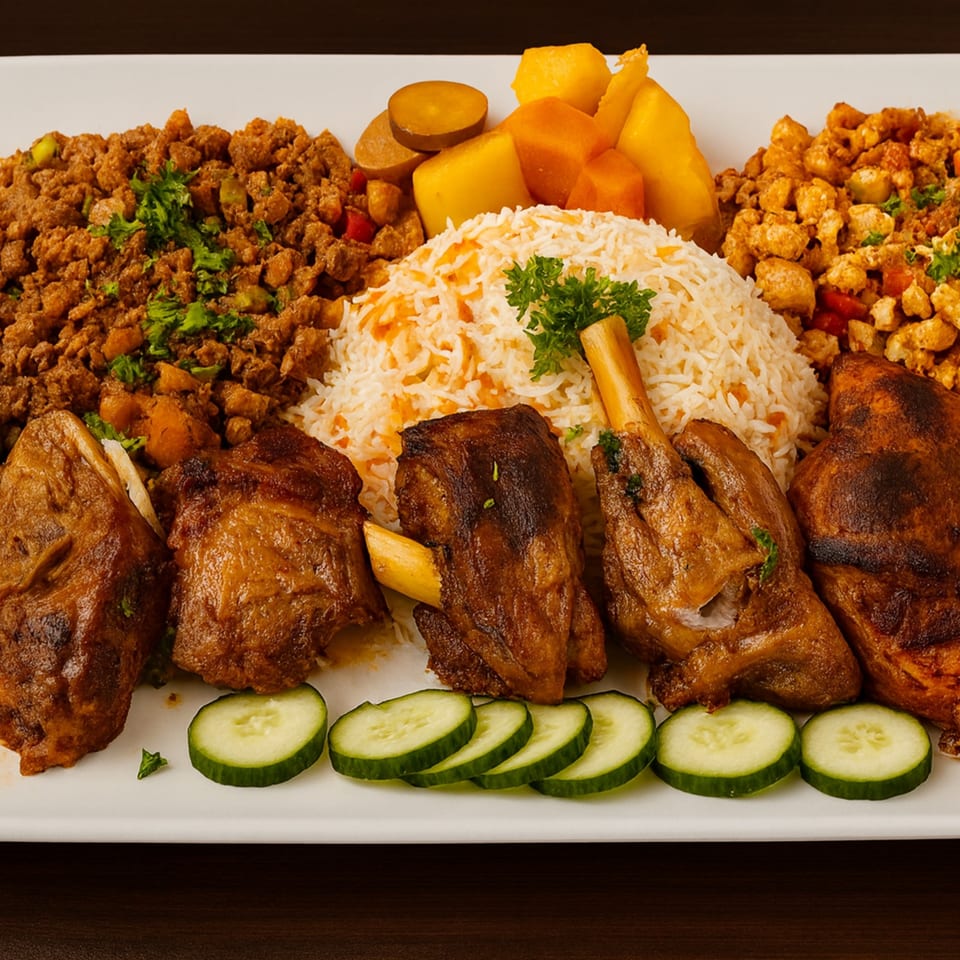 A large platter of Middle Eastern food with lamb shanks, rice, ground meat, and vegetables.