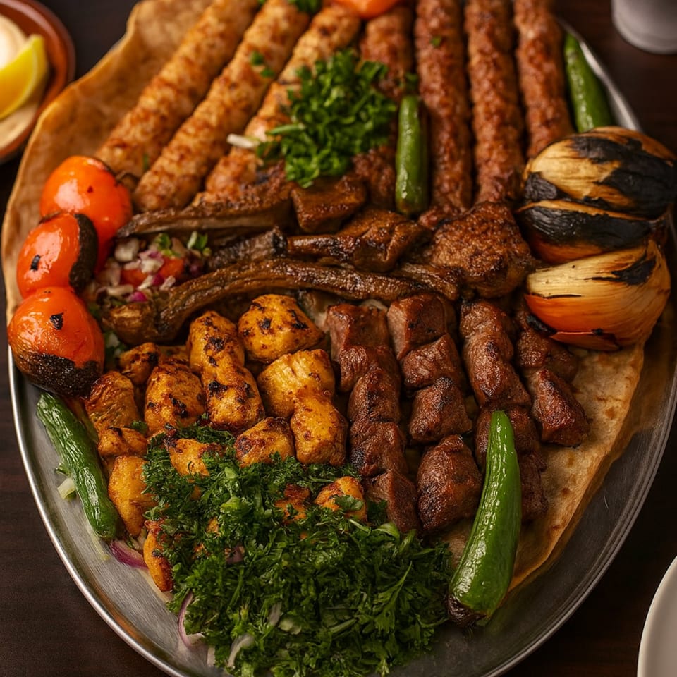 A large platter of grilled Middle Eastern kebabs, chicken, and vegetables on flatbread.