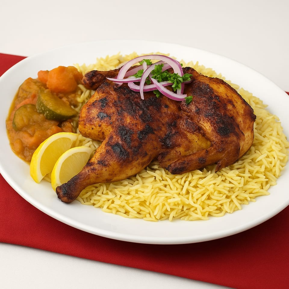 Grilled chicken with rice, vegetable stew, lemon slices, red onion, and parsley on a white plate.