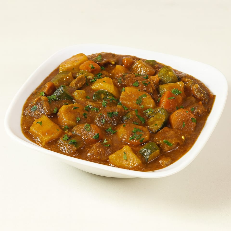 A white bowl filled with a rich, brown stew containing chunks of meat, potatoes, and green vegetables.